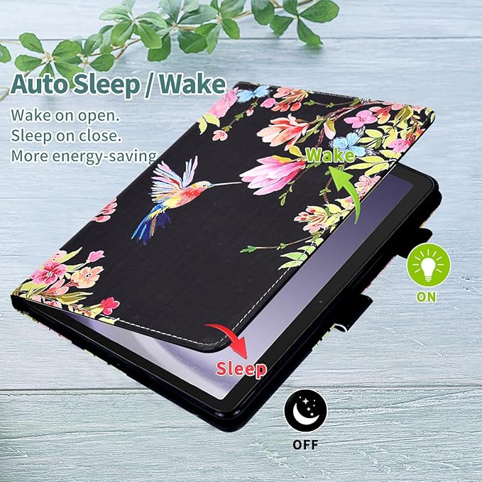 KEROM Case for Galaxy Tab A9+ Plus 11 Inch 2024 2023 (SM-X210/X216/X218), Samsung Tablet A9 Plus Case, PU Leather Stand Cover Case for Samsung Galaxy Tab A9+ Plus, Auto Wake/Sleep - Bird Flower