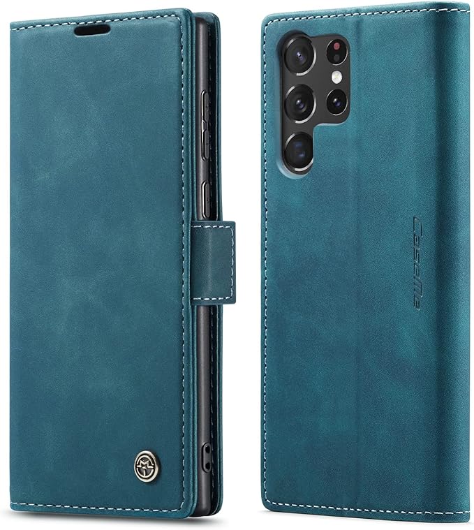 for Samsung Galaxy S23 Ultra Case, Flip Wallet Leather Case with Card Holder Magnetic Closure Shockproof Kickstand Protective Phone Cases Cover for Galaxy S23 Ultra 5G 6.8 Inch,Blue-Green
