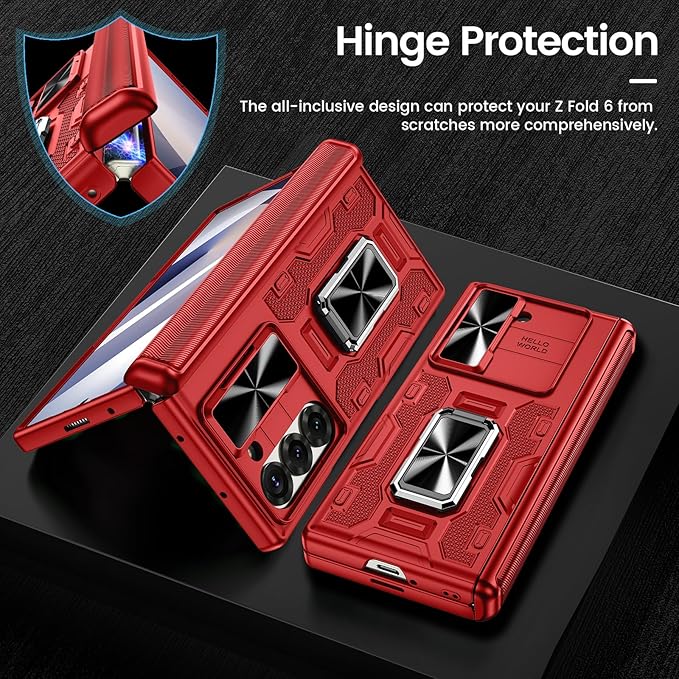 VEGO for Galaxy Z Fold 6 Case with Belt Clip Holster, 360°Ring Magnetic Kickstand & Camera Cover & Front Screen Protector & Hinge Protection Shockproof Cover for Z Fold 6 - Classic Red