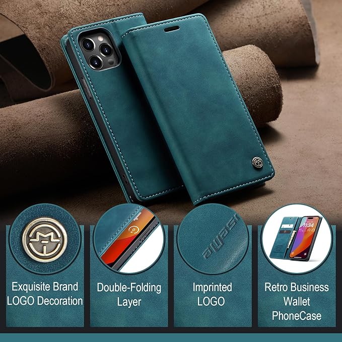 for iPhone 15 Pro Case, Flip Wallet Leather Case with Card Holder Magnetic Closure Shockproof Kickstand Protective Phone Cases Cover for iPhone 15 Pro, Blue-Green