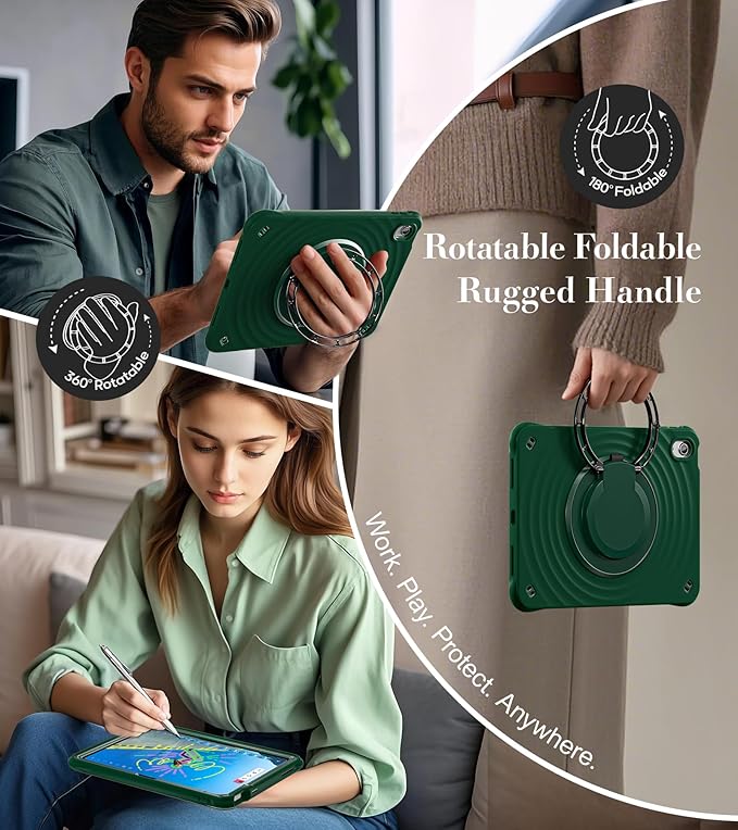 BRAECN Ripple Case for iPad (A16)11th/10th Generation 11/10.9 inch 2025/2022 Zinc Alloy Handle Ring Stand Protective Heavy Duty Screen Protector 360°Rotating 180°Folding Shoulder Strap Full-Body Cover