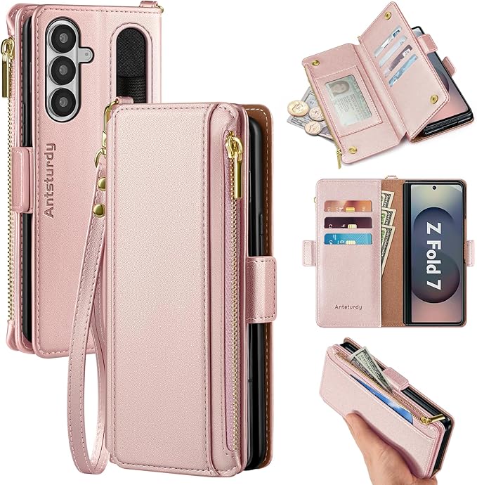 Antsturdy Compatible with Samsung Galaxy Z Fold7 Case Wallet with Card Holder,Z Fold 7 5G Phone Case with Strap Shockproof PU Leather RFID Blocking Flip Cover Credit Card Slots Women Men,Rose Gold