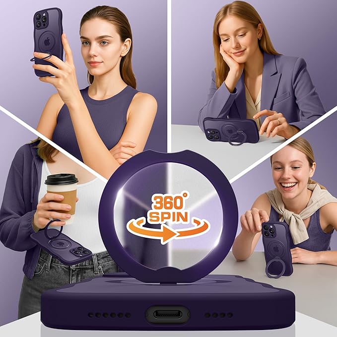 for iPhone 14 Pro Case for Women,[Compatible with Magsafe][360° Spin Magnetic Stand][Cute Wave Edge][Military-Grade Protection] Translucent Matte Phone Case for iPhone 14 Pro, Dark Purple