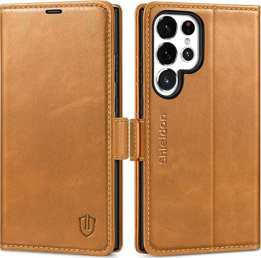 SHIELDON Wallet Case for Galaxy S25 Ultra 5G, Genuine Leather RFID Blocking Credit Card Holder Kickstand Magnetic Folio Protective Cover Compatible with Galaxy S25 Ultra 6.9" 2025 - Retro Light Brown