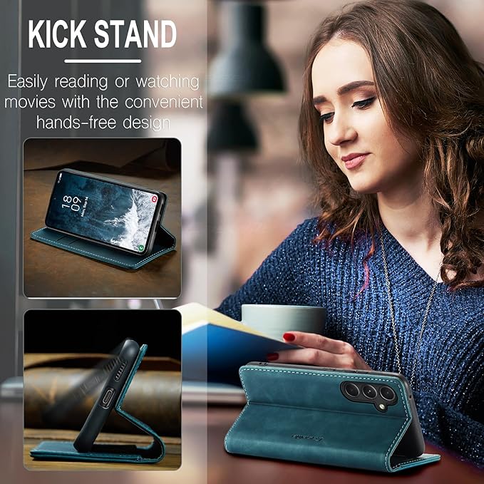 for Samsung Galaxy S23 FE Case, Flip Wallet Leather Case with Card Holder Magnetic Closure Shockproof Kickstand Protective Phone Cases Cover for Samsung S23 FE,Blue-Green