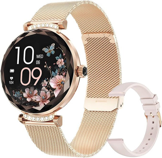 Smart Watches for Women Android/iOS, IP68 Waterproof Fitness Tracker with Bluetooth Calls, Activity Pedometer/Heart Rate/SpO2 Monitor/100+ Sports Model(Gold 2 Straps)