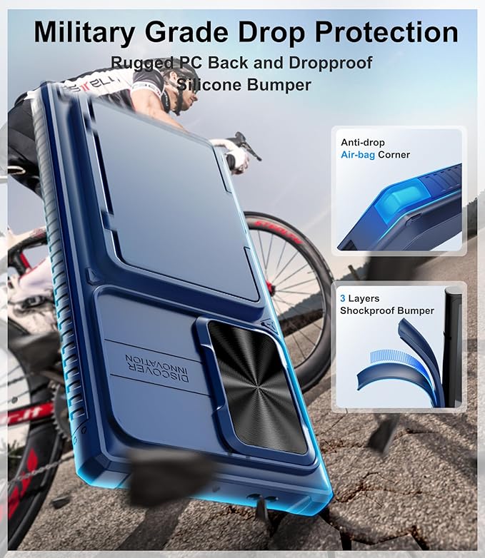 for Samsung Galaxy S23 Ultra Case with Card Holder (Store 4-5 Cards), Slide Lens Cover & Stand, Military Grade Protection, Heavy Duty Shockproof Wallet Phone Case for Galaxy S23 Ultra, Blue