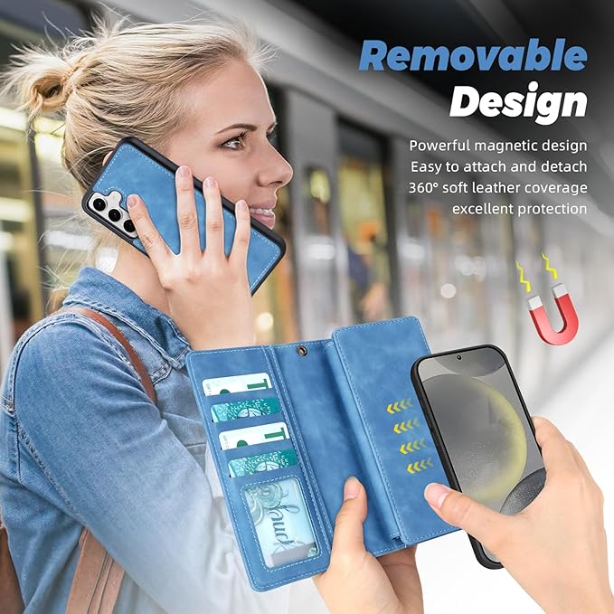 TwoHead for Samsung Galaxy S24 Wallet Case with Card Holder,Detachable Magnetic Phone Case for Galaxy S24,PU Leather Shockproof Protective Phone Cover Wallet with Wrist Strap(6.1 in,Sky Blue)