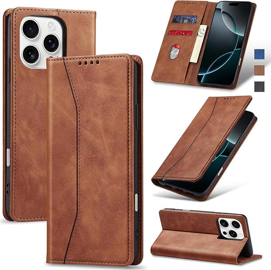 Jasonyu Flip Wallet Case for iPhone 16 Pro,Leather Magnetic Folio Cover with Card Holder,Kickstand - TPU Shockproof Durable Protective Phone Case,Brown