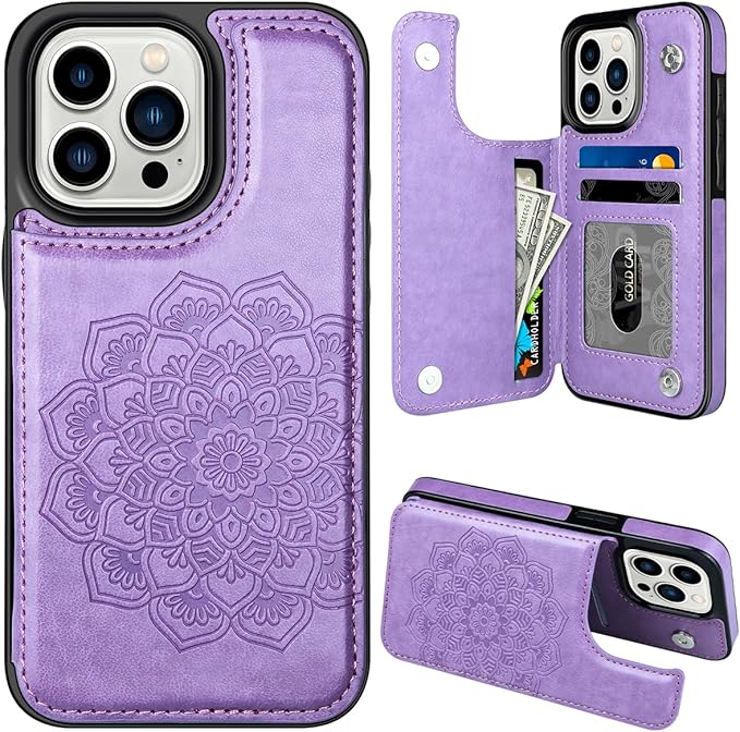 MMHUO for iPhone 15 Pro Case with Card Holder,Flower Magnetic Buttons Protective Wallet Case for Women for iPhone 15 Pro,Purple