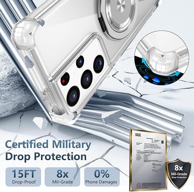 for Samsung Galaxy S21 Ultra Case Compatible Wireless Charging Magnetic,with Screen Protector,for S21Ultra Phone Case with 360°Stand Ring Military Grade Shockproof Heavy Duty Protection Clear