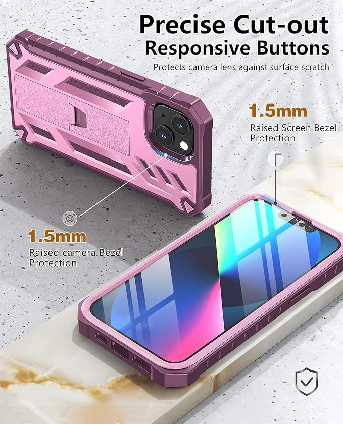 for iPhone 13/14 Protective Case: for iPhone 16e Cover with Built-in Kickstand | Heavy Duty Military Grade Hard Protection Shock Proof | Durable Dual-Layer Design Rose