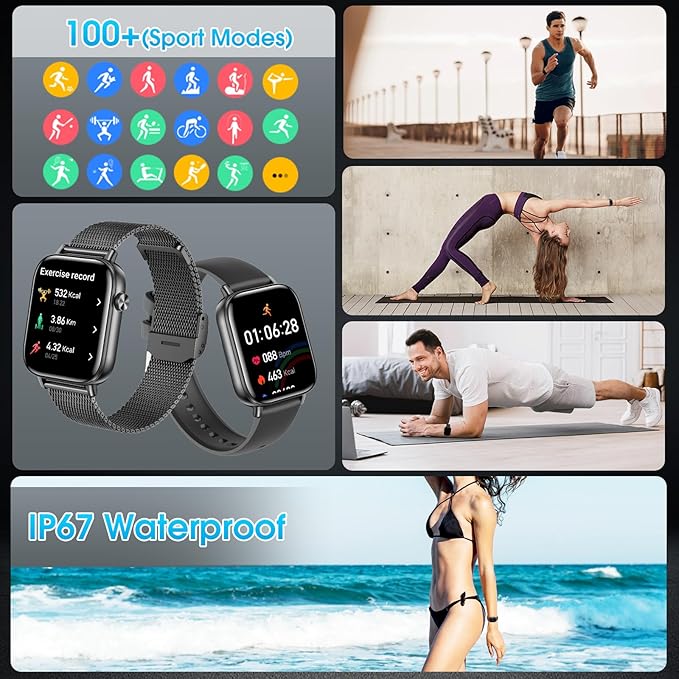 Smart Watch for Men Women (Answer/Make Calls) 1.83" HD Fitness Running Smartwatch Compatible Android iOS Phones with Step Counter/Heart Rate/Sleep, 120+ Sports Modes IP68 Waterproof, Black/3 Bands