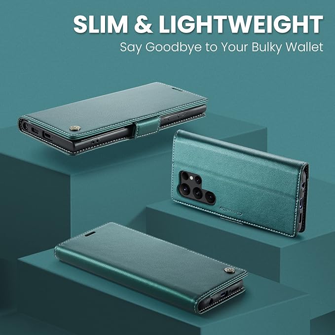 AUPAI for Samsung Galaxy S23 Ultra Wallet Case with Credit Card Holder, PU Leather RFID Blocking Folio Flip Kickstand Magnetic Clasp Protective Phone Cover for Women Men Cyan