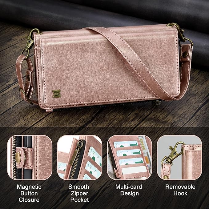 for iPhone 13 Wallet Phone Case with 7 Card Holder,RFID Blocking | PU Leather | Kickstand | Flip | Wrist Strap&Shoulder Strap | Shockproof | Zipper Wallet | Women Men | 6.1" | Rose Gold