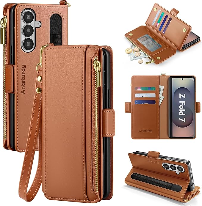 Antsturdy Compatible with Samsung Galaxy Z Fold7 Case Wallet with Card Holder,Z Fold 7 5G Phone Case with Strap Shockproof PU Leather RFID Blocking Flip Cover Credit Card Slots Women Men,Light Brown