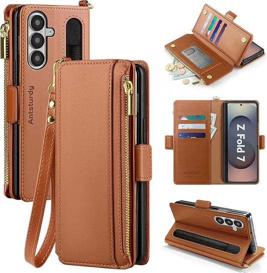 Antsturdy Compatible with Samsung Galaxy Z Fold7 Case Wallet with Card Holder,Z Fold 7 5G Phone Case with Strap Shockproof PU Leather RFID Blocking Flip Cover Credit Card Slots Women Men,Light Brown