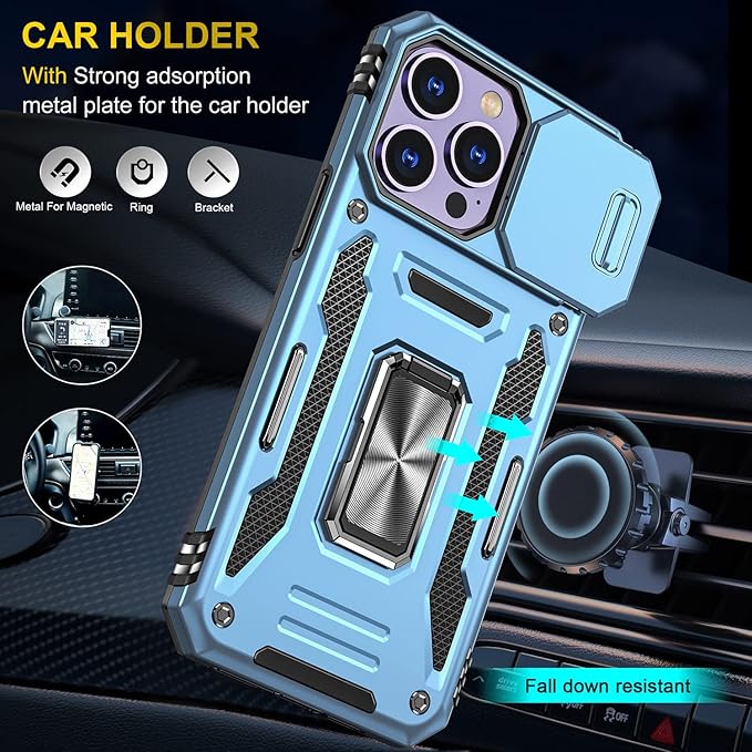 Phone Case for iPhone 14 Pro Case iPhone 14 Pro Phone Case with Camera Lens Cover, with Ring Holder Kickstand, fit Magnetic Car Mount, for iPhone 14 Pro (Light Blue)