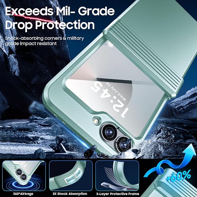 CENMASO for Galaxy Z Flip 6 Case/Z Flip 7 FE Case with Hinge Protection & Built-in Screen Protector, Ultra-Thin Full-Body Shockproof Protection Phone Case for Z Flip 6/Flip 7 FE-Mint Green