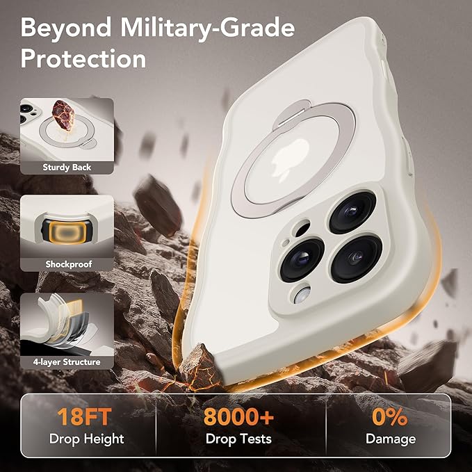 GolbinBox for iPhone 16 Pro Case for Women,[Compatible with Magsafe][360° Spin Magnetic Stand][Cute Wave Edge][Military-Grade Protection] Translucent Matte Phone Case for iPhone 16 Pro, Stone