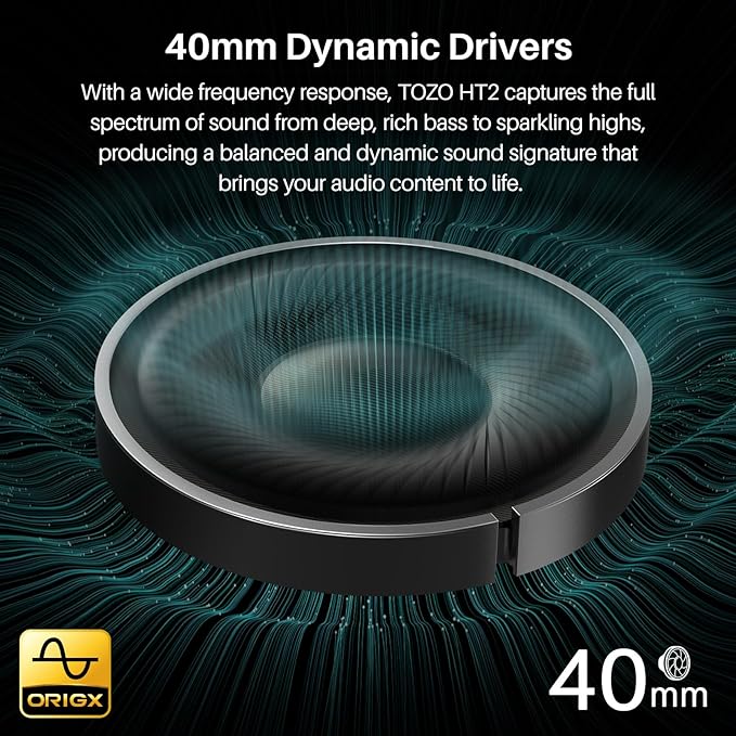 TOZO HT2 Hybrid Active Noise Cancelling Headphones, Wireless Over Ear Bluetooth Headset, 60H Playtime, Hi-Res Audio Custom EQ via App Deep Bass Comfort Fit Ear Cups, for Home Office Travel Khaki