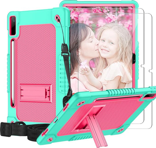 for Lenovo Tab P12 12.7 Inch Tablet Case,Heavy-Duty Drop-Proof Shockproof Hybrid Kids Protective Case for Lenovo Tab P12 TB-370FU/Xiaoxin Pad Pro 371FC+Screen Protector (Green/Pink,2 Pack)