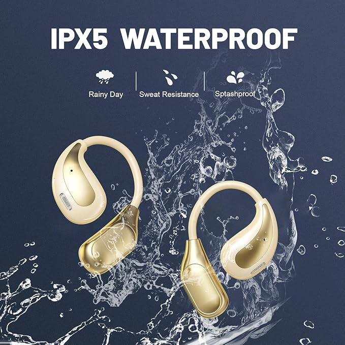 Open Ear Wireless Bluetooth Headphones, Sport Over Headset Built-in Mic, LED Display, Touch Control Earphones, IPX5 Waterproof for Sports Running Driving Cycling (Khaki)