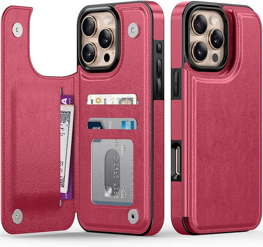 FUNMIKO for iPhone 16 Pro Wallet Case with Card Holder, RFID-Blocking, Military-Grade Protection & UV-Printed Artwork, Magnetic Closure with Leather Kickstand - Hot Pink