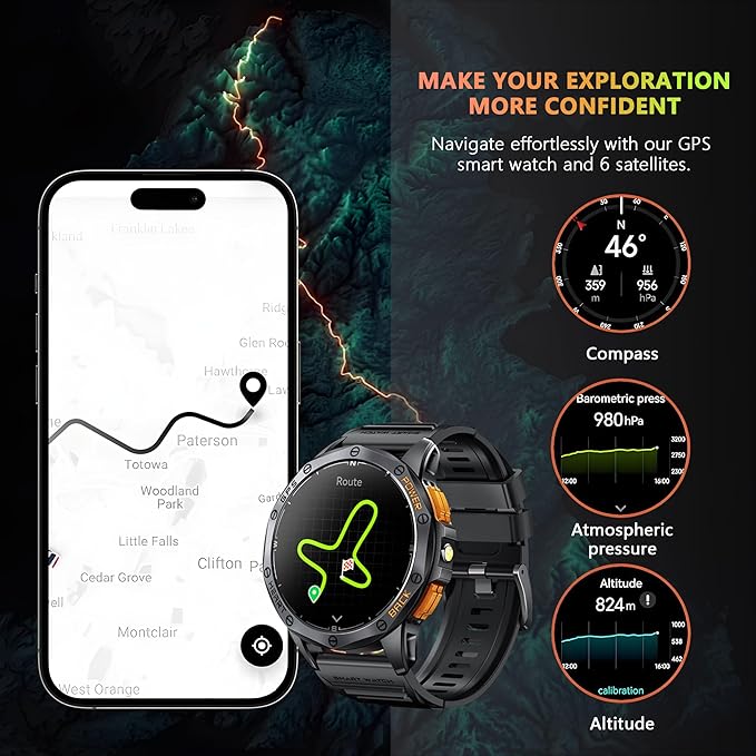 Military Smart Watch With GPS, 170+ Sport Modes Smartwatch with Heart Rate Monitor, Compass, Flashlight, GPS, Smart Watch for men,1.43" AMOLED Screen Bluetooth Call,Compatible iOS & Android (2 Bands)