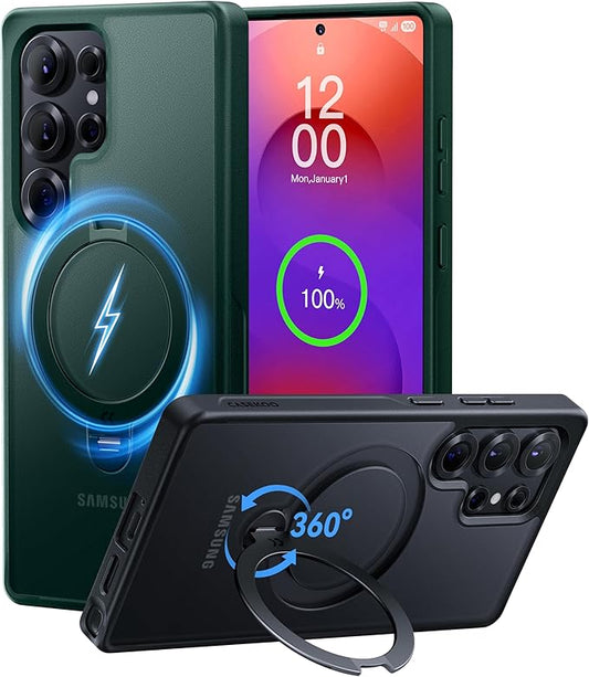 CASEKOO Patented 360° Spin Magnetic Stand for Samsung Galaxy S25 Ultra Case [18FT Military Drop Protection] [Compatible with MagSafe] Matte Translucent Slim S25 Ultra Case 6.9'' 2025, Green