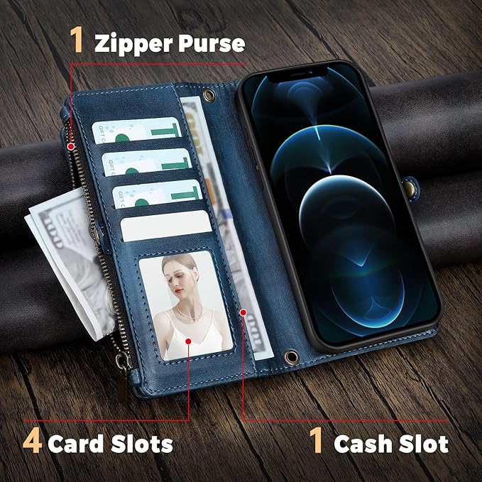 for iPhone 11 Pro Max Wallet Phone Case with 8 Card Holder,RFID Blocking | PU Leather | Kickstand | Flip | Wrist Strap&Shoulder Strap | Shockproof | Zipper Wallet | Women Men | 6.5" | Blue