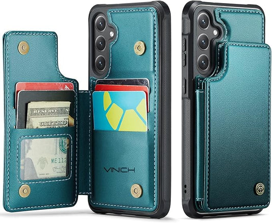 Vinich for Samsung Galaxy S24 FE Wallet Case with Card Holder, RFID Blocking Credit Slots Kickstand Shockproof Phone Cover for Women Men, Bluish Green