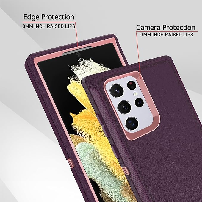 for Samsung Galaxy S22 Ultra Case, with [2 Pack] HD Screen Protector, [Military-Grade] Shockproof Dust/Drop Proof 3-Layer Full Body Protection Heavy Duty Case for Galaxy S22 Ultra, Deep Purple