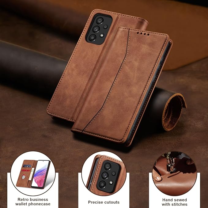 Jasonyu Flip Wallet Case for Samsung Galaxy A53 5G,Leather Magnetic Folio Cover with Card Holder,Kickstand - TPU Shockproof Durable Protective Phone Case,Brown