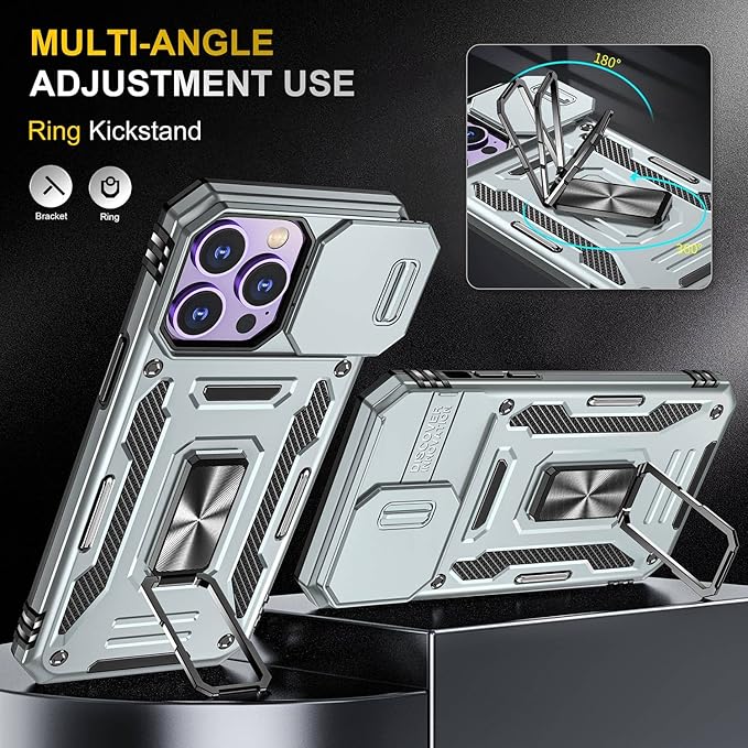 Case for iPhone 14 Pro Phone Case with Camera Cover, with Kickstand Ring Holder, with Magnetic Car Mount Function, for iPhone 14 Pro (Grey)