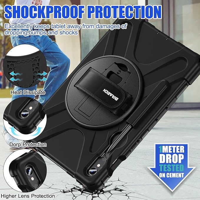 BRAECNstock for Samsung Galaxy Tab S10 Lite/ S10 FE/ S9 FE/ S9/ S8/ S7 5G Case 10.9"/11", Shockproof Protective Case with Pencil Holder, 360° Rotating Hand Strap & Stand, Shoulder Strap, Black