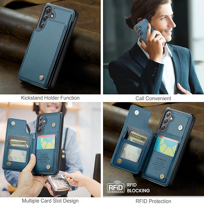 Vinich for Samsung Galaxy S25 Wallet Case with Card Holder, RFID Blocking Credit Slots Kickstand Shockproof Phone Cover for Women Men, Blue