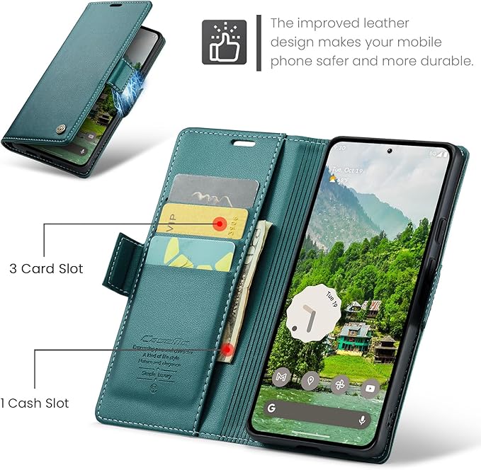 for Google Pixel 9 Pro XL Case, Premium PU Leather Wallet Case Flip Cover with [RFID Blocking][Card Holder][Stand Function] Shockproof Protective for Google 9 Pro XL, Blue-Green