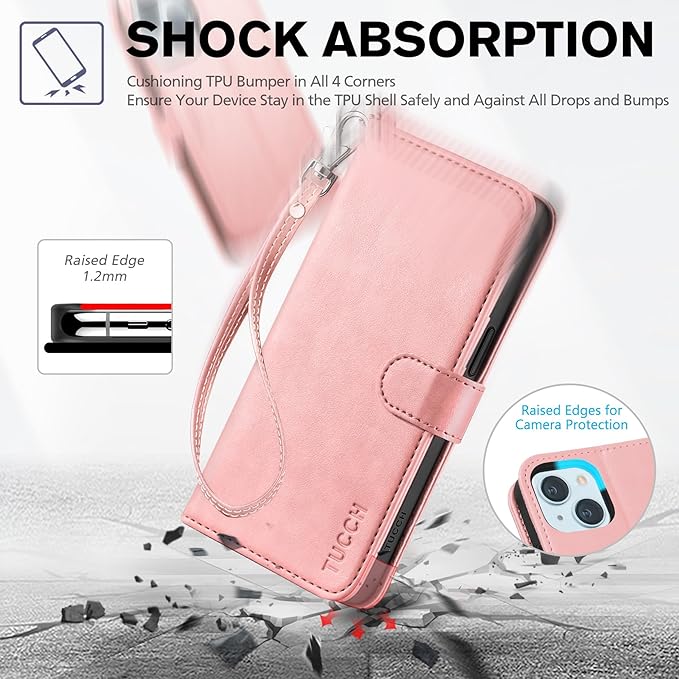 TUCCH Wallet Case for iPhone 15 6.1" 5G, [Wrist Strap] Kickstand RFID Blocking 4 Card Slots Magnetic Closure, PU Leather Shockproof TPU Shell Compatible with iPhone 15 2023, Pink with Wristlet