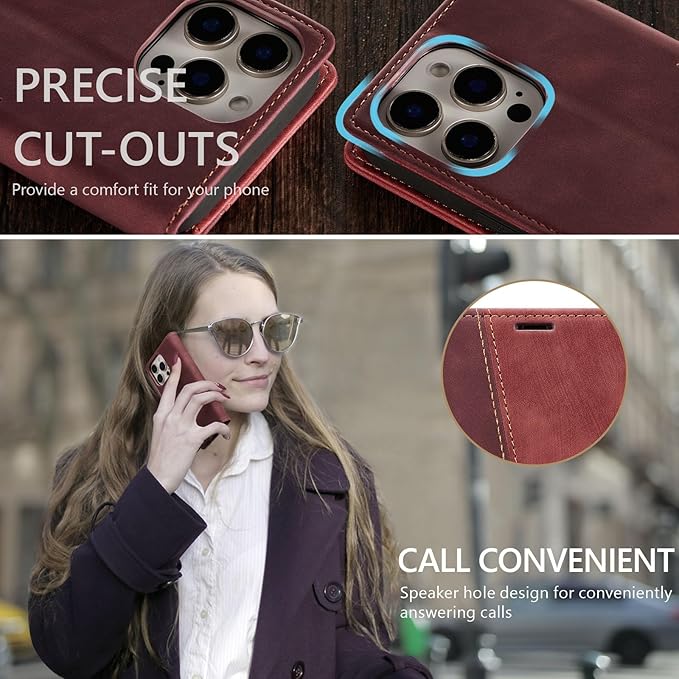 QLTYPRI for iPhone 16 Pro Max Case Wallet with Card Holder, Vintage PU Leather Kickstand Magnetic Closure Shockproof Folio Book Cover Case for iPhone 16 Pro Max - Retro Wine Red
