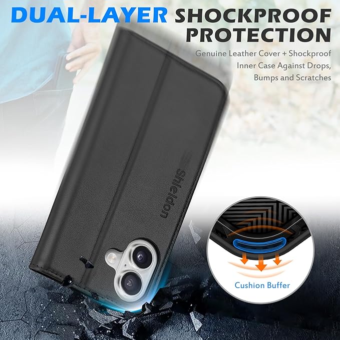 SHIELDON Wallet Case for iPhone 16 5G 2024, Genuine Leather RFID Blocking Credit Card Holder Folio Magnetic Kickstand Shock-Absorbent Protective Phone Case Compatible with iPhone 16 6.1" - Nappa Black