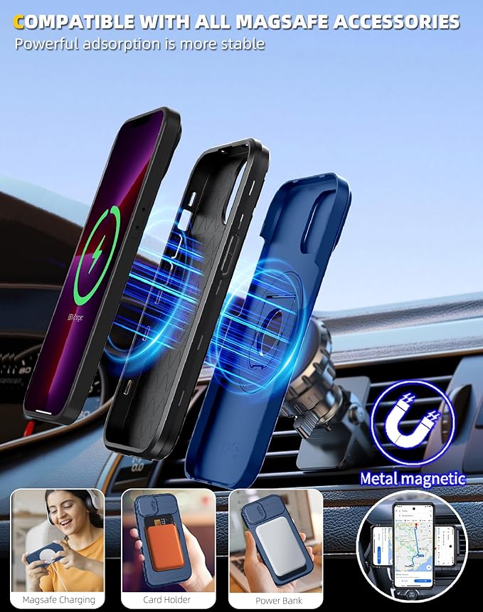 for iPhone 13 Pro Max Case Compatible with MagSafe Magnetic,with 2 Screen Protector,with Camera Cover&360°Kickstand Ring,Military Grade Drop Shockproof Heavy Duty Protection Phone Bumper Blue