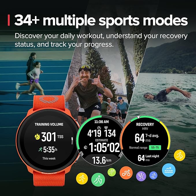 SUUNTO Run Sports Watch, 1.32" AMOLED Touchscreen w/Crown Button, 12D Battery Life, Dualband Accurate GPS, Wrist Heart-Rate & Sleep Health Tracking, 35g Lightweight & 4GB Offline Music, Coral Orange