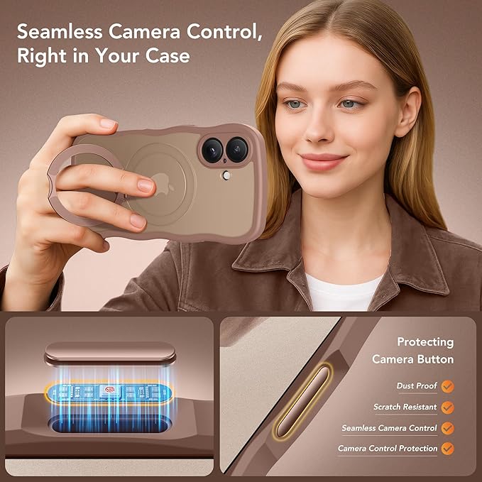 GolbinBox for iPhone 16 Case, [Compatible with Magsafe][360° Spin Magnetic Stand][Military-Grade Protection][Camera Control][Cute Wave Edge] Translucent Matte Women Phone Cover for iPhone 16, Brown