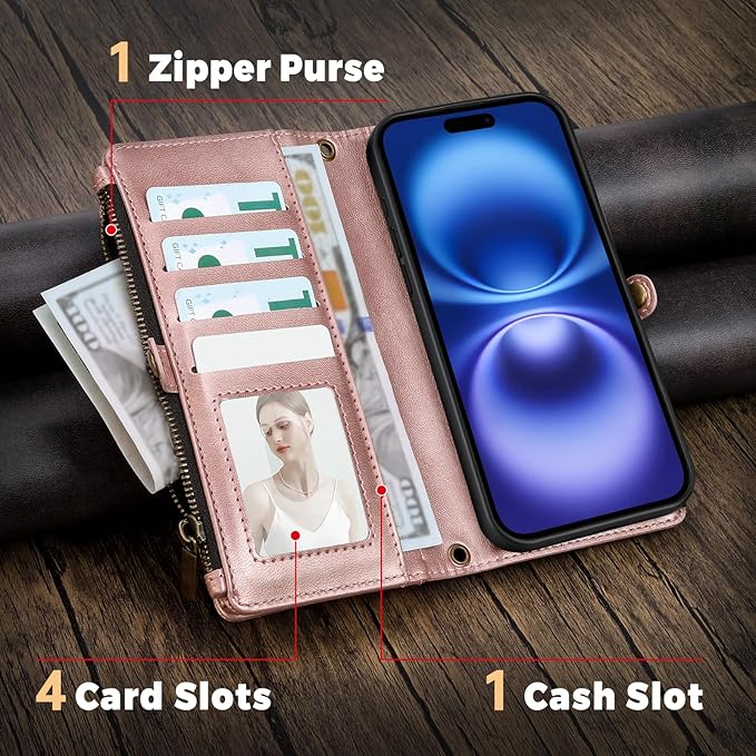 for iPhone 16 Plus Wallet Phone Case with 8 Card Holder,RFID Blocking | PU Leather | Kickstand | Flip | Wrist Strap&Shoulder Strap | Shockproof | Zipper Wallet | Women Men | 6.7" | Rose Gold