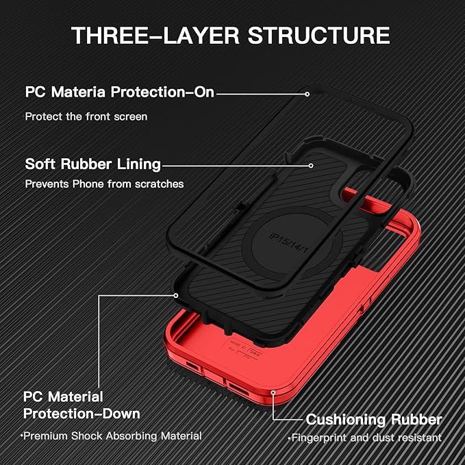 for iPhone 13/14/15 Case [Compatible with MagSafe] Shockproof 3-Layer Full Body Protection Rugged Heavy Duty Cover Case for Apple iPhone 13/14/15 6.1",Red/Black