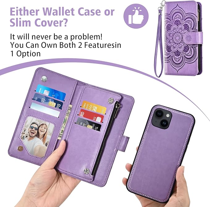 Asuwish Phone Case for iPhone 14 6.1 inch Zipper Wallet Detachable Cell Cover with Tempered Glass Screen Protector Crossbody Strap Flower Card Holder Slot iPhone14 5G i i-Phone i14 14Case Women Purple