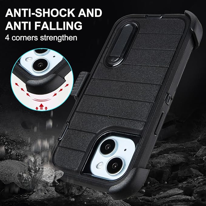 for Black Case iPhone 15 Case with Belt Clip, for Shockproof Case iPhone 15 Heavy Duty,3 Layers of Sturdy,Anti-Drop,Military-Grade Defender Cover for iPhone15Case Black