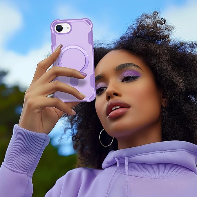 Designed for iPhone 16E Case with Magnetic Stand [Military Drop Protection][Compatible with Magnet] Shockproof 16E Phone Case with Ring Holder, Purple