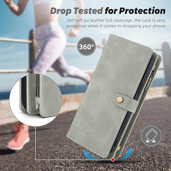 TwoHead for Samsung Galaxy S24 Wallet Case with Card Holder,Detachable Magnetic Phone Case for Galaxy S24,PU Leather Shockproof Protective Phone Cover Wallet with Wrist Strap(6.1 in,Gray)